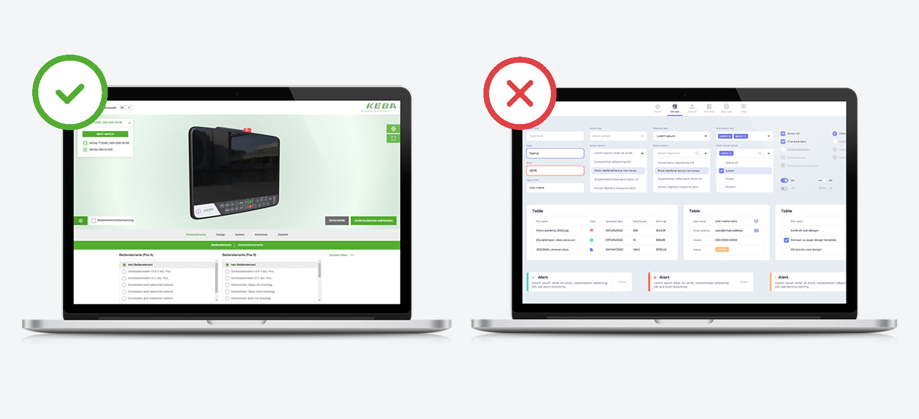 The picture shows a visually appealing configurator compared to a technical CPQ solution.