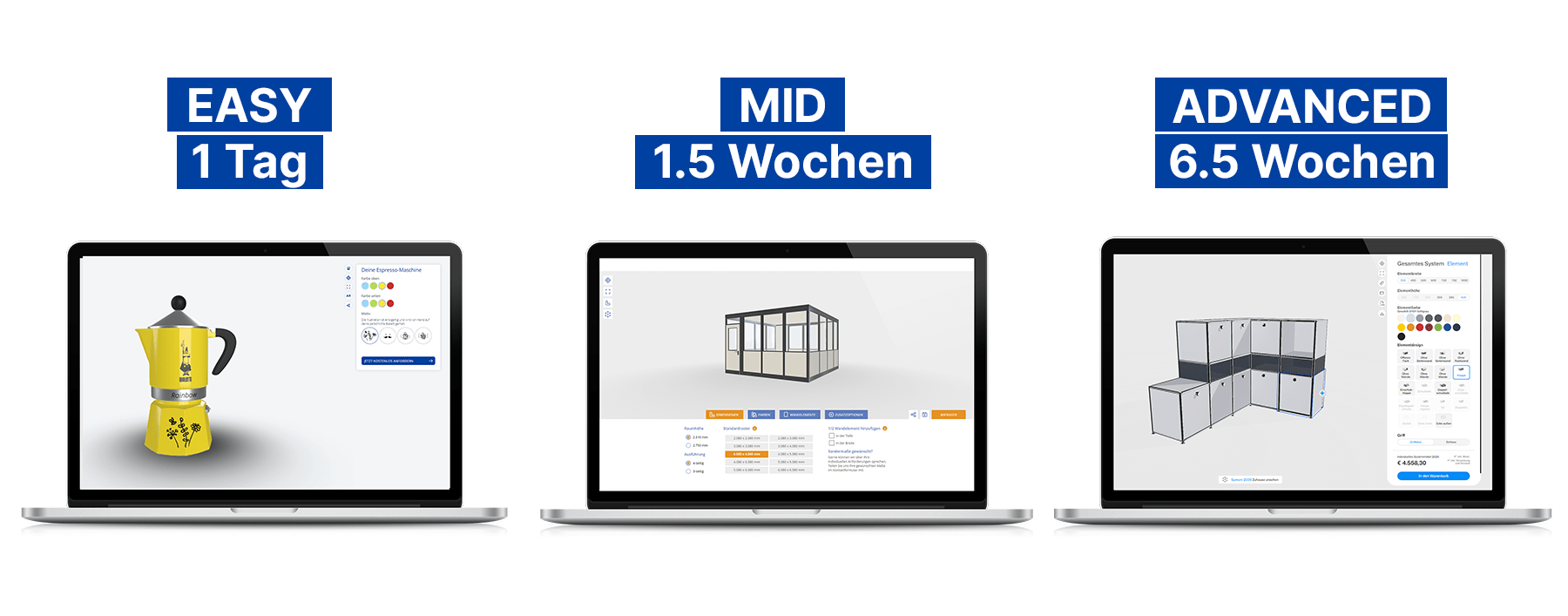 Drei Konfiguratoren in einem Bildschirm inklusive Umsetzungszeit.