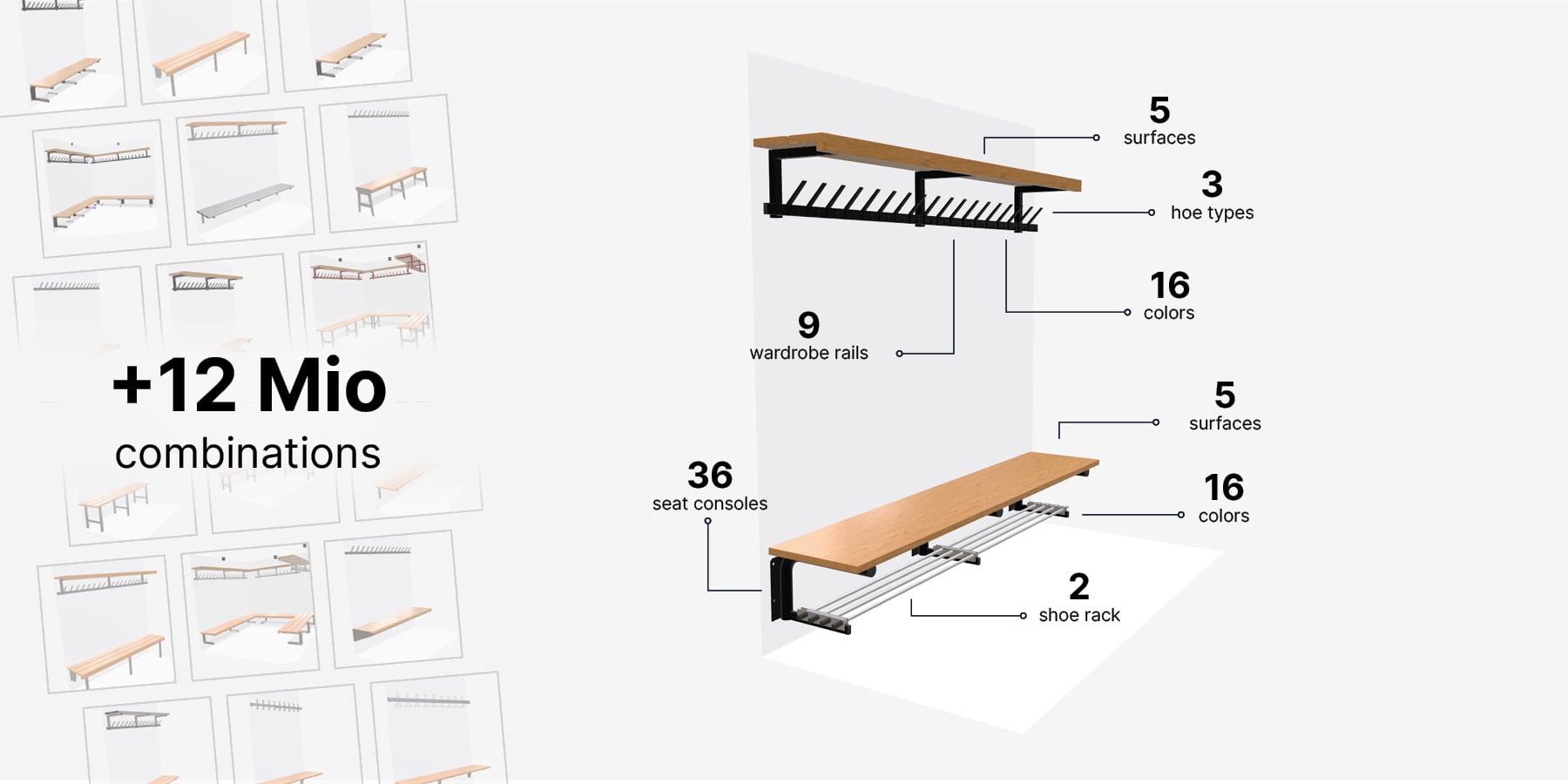 Wide range of variants from the wall coat rack configurator